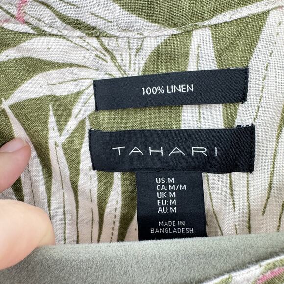 Tahari 100% Linen Tropical Floral Button Up Shirt Sz M Green Sleeveless Hawaiian - Picture 4 of 7